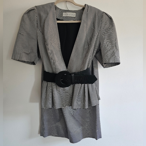 80s George Gross Black-and-White Striped Belted Skirt-Suit - Picture 1 of 8